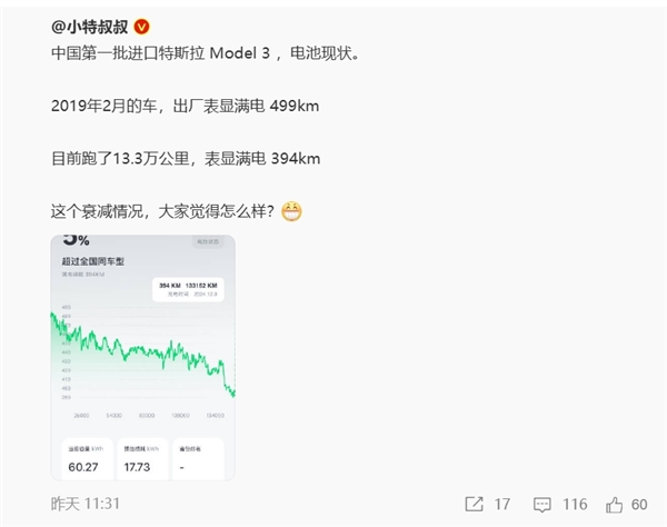 ****批进口特斯拉Model 3电池现状：跑了13.3万公里 如今满电表显394km